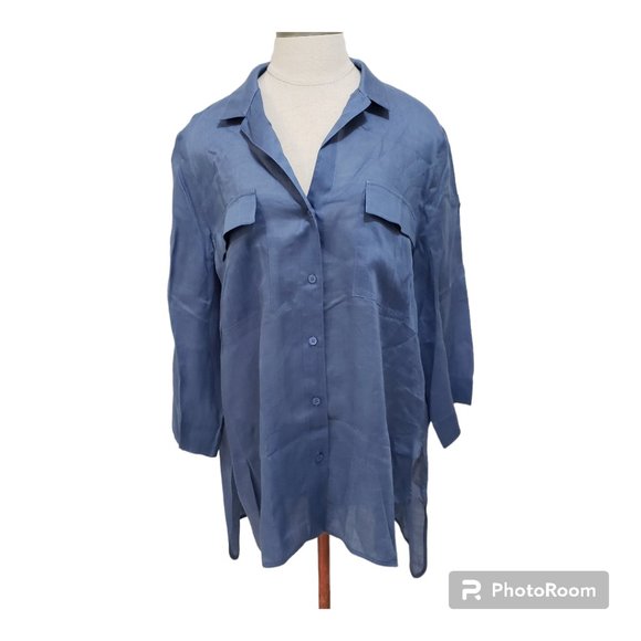 CT731a Lafayette 148 Blue Short Sleeve Lightweight Ladies Shirt XL - Picture 1 of 7